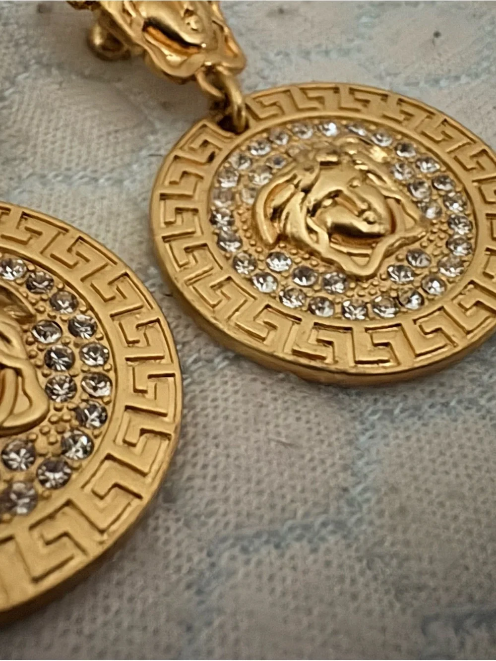Versace Gold Medusa Drop Earrings with Crystal Halo - Picture 2 of 3